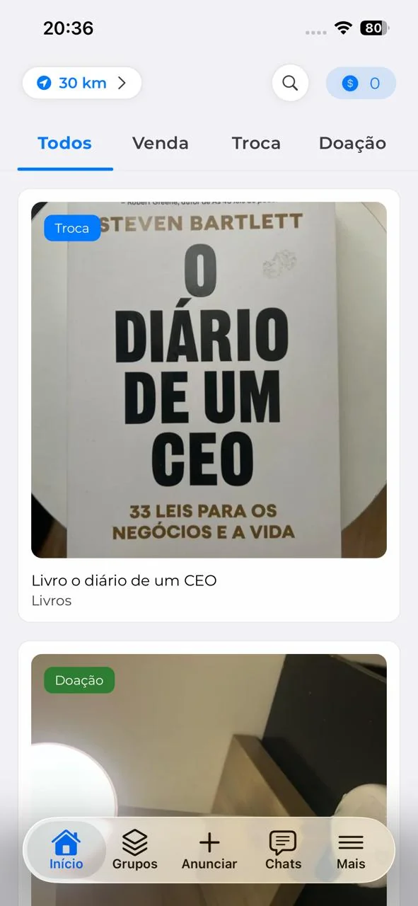 Tela do app Clubescambo com anúncios de troca, doação e venda perto de você